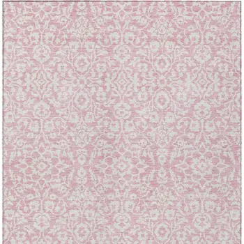 5' X 8' Pink And Ivory Damask Washable Indoor Outdoor Area Rug