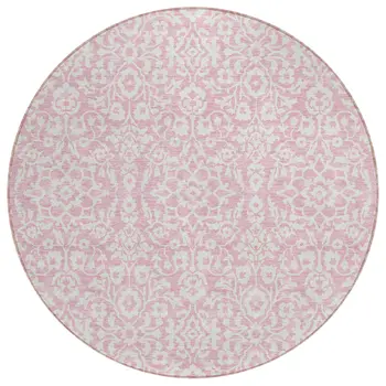 8' Pink And Ivory Round Damask Washable Indoor Outdoor Area Rug