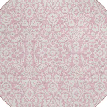 8' Pink And Ivory Round Damask Washable Indoor Outdoor Area Rug