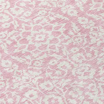 8' Pink And Ivory Round Damask Washable Indoor Outdoor Area Rug