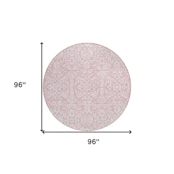8' Pink And Ivory Round Damask Washable Indoor Outdoor Area Rug