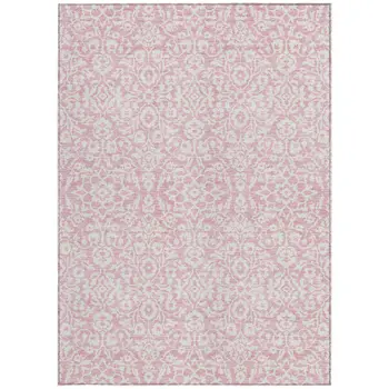 9' X 12' Pink And Ivory Damask Washable Indoor Outdoor Area Rug