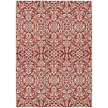 3' X 5' Red And Ivory Damask Washable Indoor Outdoor Area Rug