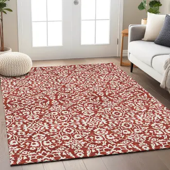 3' X 5' Red And Ivory Damask Washable Indoor Outdoor Area Rug