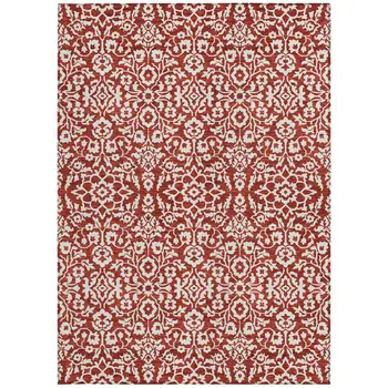 5' X 8' Red And Ivory Damask Washable Indoor Outdoor Area Rug