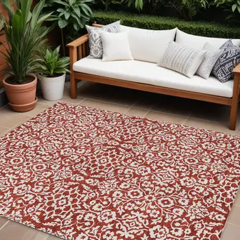 10' X 14' Red And Ivory Damask Washable Indoor Outdoor Area Rug