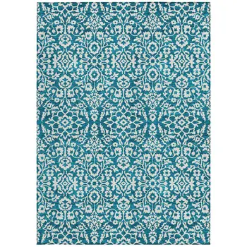 5' X 8' Teal Blue And Ivory Damask Washable Indoor Outdoor Area Rug