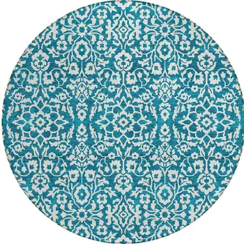 8' Teal Blue And Ivory Round Damask Washable Indoor Outdoor Area Rug
