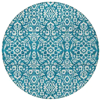 8' Teal Blue And Ivory Round Damask Washable Indoor Outdoor Area Rug