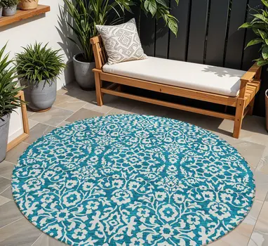 8' Teal Blue And Ivory Round Damask Washable Indoor Outdoor Area Rug