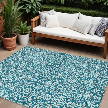 8' X 10' Teal Blue And Ivory Damask Washable Indoor Outdoor Area Rug