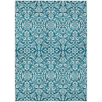 8' X 10' Teal Blue And Ivory Damask Washable Indoor Outdoor Area Rug