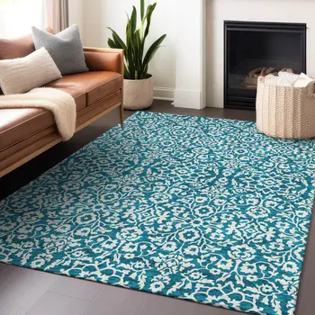 8' X 10' Teal Blue And Ivory Damask Washable Indoor Outdoor Area Rug