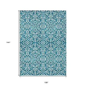 9' X 12' Teal Blue And Ivory Damask Washable Indoor Outdoor Area Rug