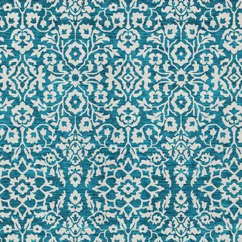 9' X 12' Teal Blue And Ivory Damask Washable Indoor Outdoor Area Rug