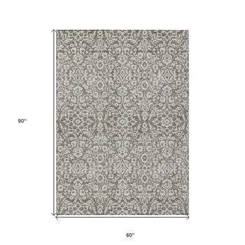 5' X 8' Taupe And Gray Damask Washable Indoor Outdoor Area Rug