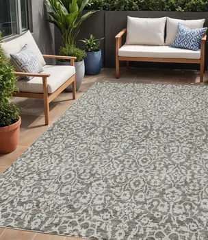 5' X 8' Taupe And Gray Damask Washable Indoor Outdoor Area Rug