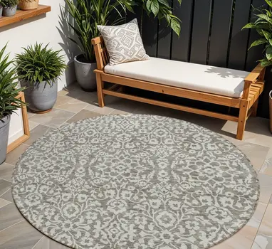 8' Taupe And Gray Round Damask Washable Indoor Outdoor Area Rug