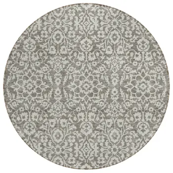 8' Taupe And Gray Round Damask Washable Indoor Outdoor Area Rug