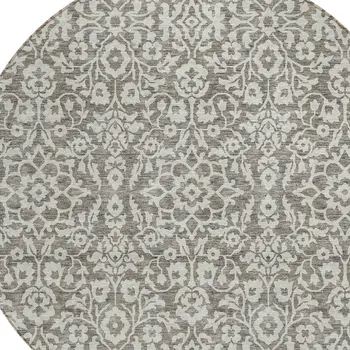8' Taupe And Gray Round Damask Washable Indoor Outdoor Area Rug
