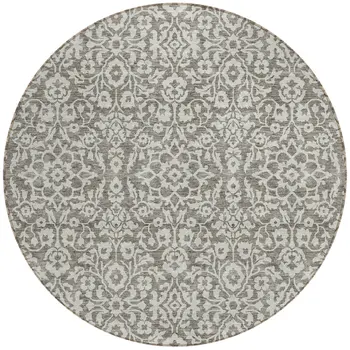 8' Taupe And Gray Round Damask Washable Indoor Outdoor Area Rug