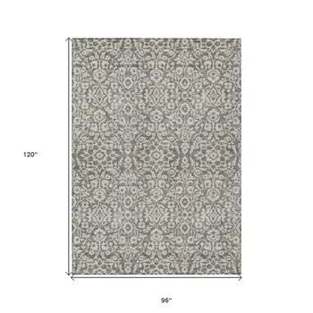 8' X 10' Taupe And Gray Damask Washable Indoor Outdoor Area Rug