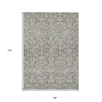 9' X 12' Taupe And Gray Damask Washable Indoor Outdoor Area Rug