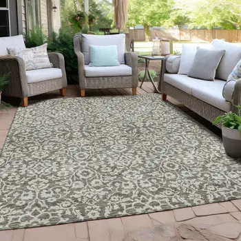 9' X 12' Taupe And Gray Damask Washable Indoor Outdoor Area Rug
