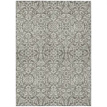 9' X 12' Taupe And Gray Damask Washable Indoor Outdoor Area Rug