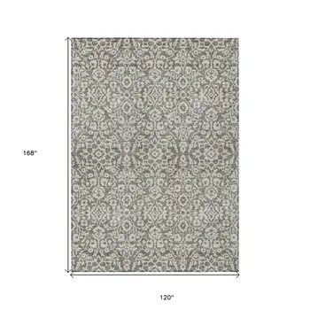 10' X 14' Taupe And Gray Damask Washable Indoor Outdoor Area Rug