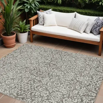 10' X 14' Taupe And Gray Damask Washable Indoor Outdoor Area Rug