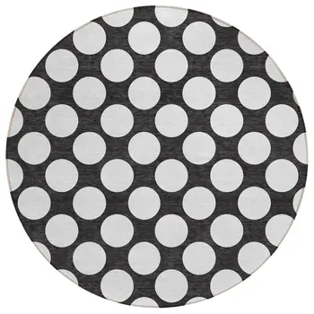 8' Black And Ivory Round Polka Dot Washable Indoor Outdoor Area Rug