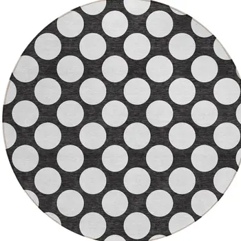 8' Black And Ivory Round Polka Dot Washable Indoor Outdoor Area Rug