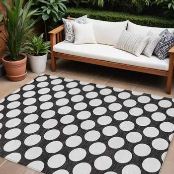 8' X 10' Black And Ivory Polka Dot Washable Indoor Outdoor Area Rug