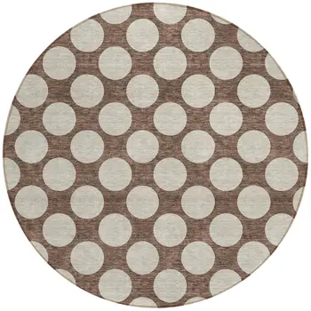 8' Brown And Beige Round Polka Dot Washable Indoor Outdoor Area Rug