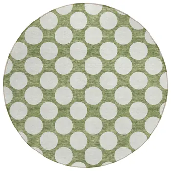 8' Green And Ivory Round Polka Dot Washable Indoor Outdoor Area Rug