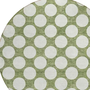8' Green And Ivory Round Polka Dot Washable Indoor Outdoor Area Rug
