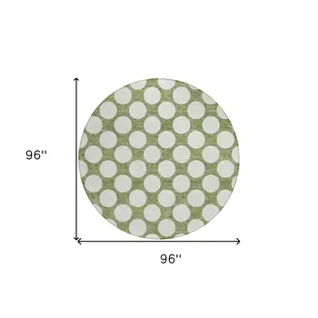 8' Green And Ivory Round Polka Dot Washable Indoor Outdoor Area Rug
