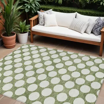 8' X 10' Green And Ivory Polka Dot Washable Indoor Outdoor Area Rug