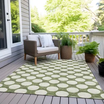 9' X 12' Green And Ivory Polka Dot Washable Indoor Outdoor Area Rug