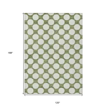 10' X 14' Green And Ivory Polka Dot Washable Indoor Outdoor Area Rug