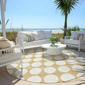8' Gold And Beige Round Polka Dot Washable Indoor Outdoor Area Rug