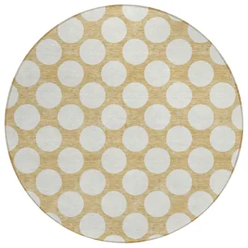8' Gold And Beige Round Polka Dot Washable Indoor Outdoor Area Rug