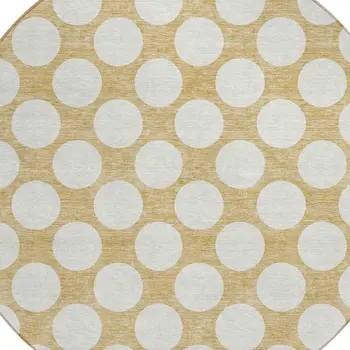 8' Gold And Beige Round Polka Dot Washable Indoor Outdoor Area Rug