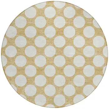 8' Gold And Beige Round Polka Dot Washable Indoor Outdoor Area Rug