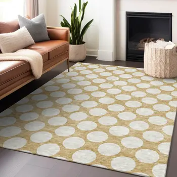 10' X 14' Gold And Beige Polka Dot Washable Indoor Outdoor Area Rug