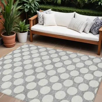 8' X 10' Gray And Silver Polka Dot Washable Indoor Outdoor Area Rug