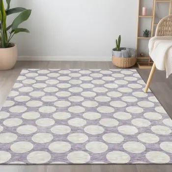 10' X 14' Lavender And Ivory Polka Dot Washable Indoor Outdoor Area Rug