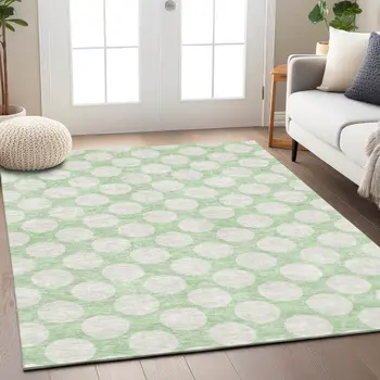 3' X 5' Mint Green And Ivory Polka Dot Washable Indoor Outdoor Area Rug