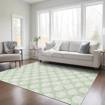 3' X 5' Mint Green And Ivory Polka Dot Washable Indoor Outdoor Area Rug